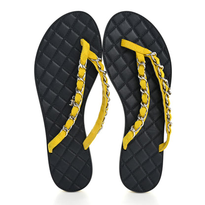 Chanel Suede Calfskin Quilted Chain Thong Sandals 37 Yellow 2 of 13