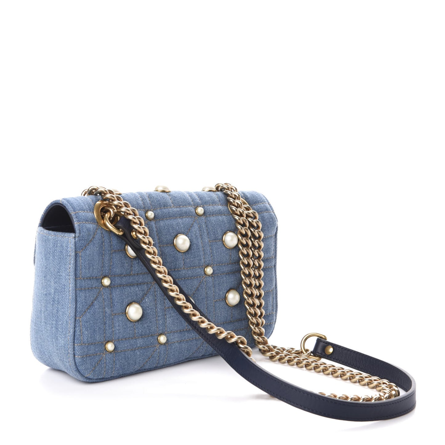 Denim Matelasse Pearl Studded Mini GG Marmont Shoulder Bag Blue