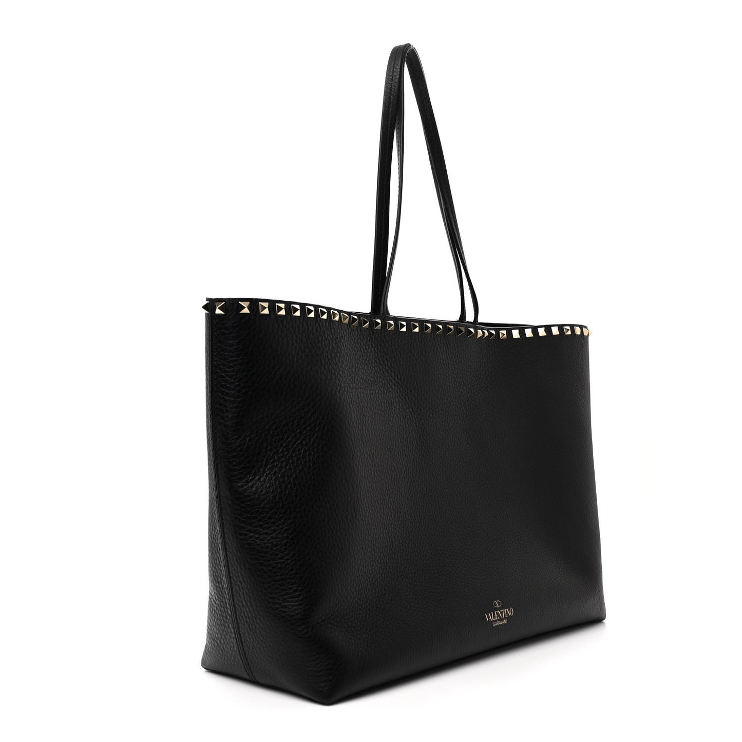 Grained Calfskin Rockstud Shoulder Tote Black
