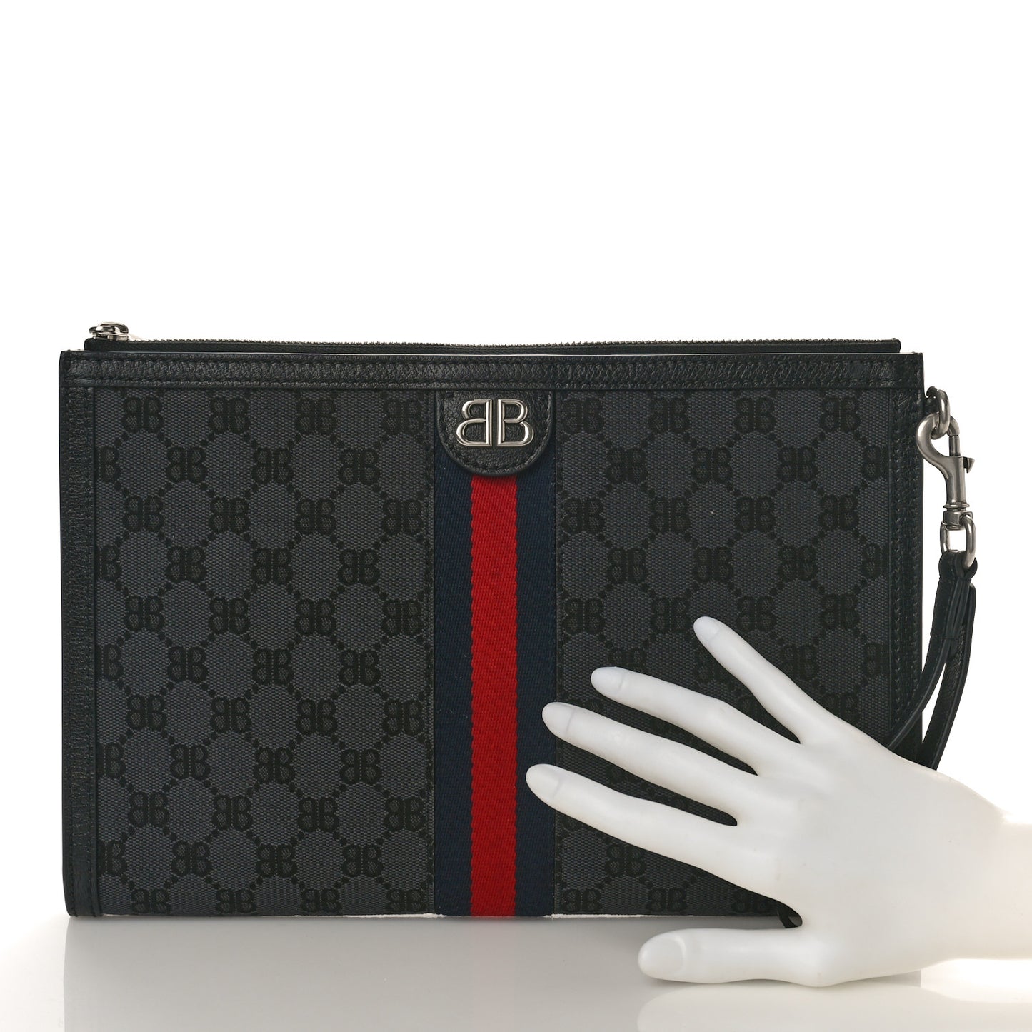 X BALENCIAGA BB Supreme Monogram Web Ophidia Laptop Pouch Black