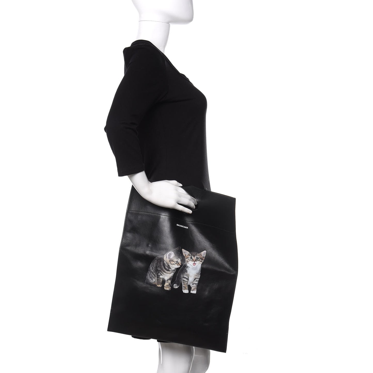 Calfskin Printed Kitten Plastic Bag Shopper S Black