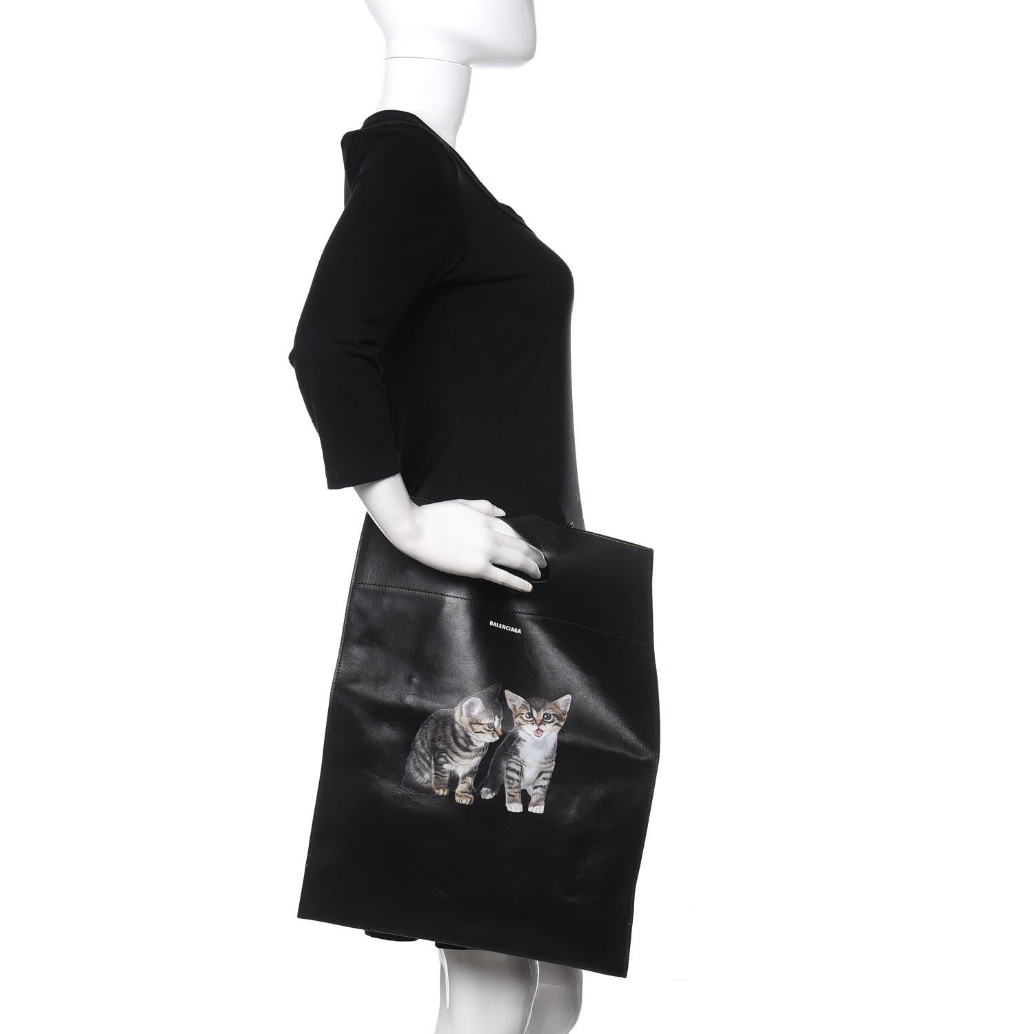 Balenciaga Calfskin Printed Kitten Plastic Bag Shopper S Black 2 of 9