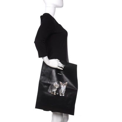 Balenciaga Calfskin Printed Kitten Plastic Bag Shopper S Black 2 of 9