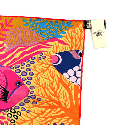 Hermes Silk Under The Waves Scarf 90  Ocre Rose Vif Bleu 4 of 4