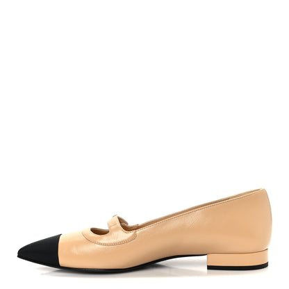 Chanel Shiny Lambskin Grosgrain Pointed Toe CC Ballet Flats 37.5 Beige Black 1 of 10