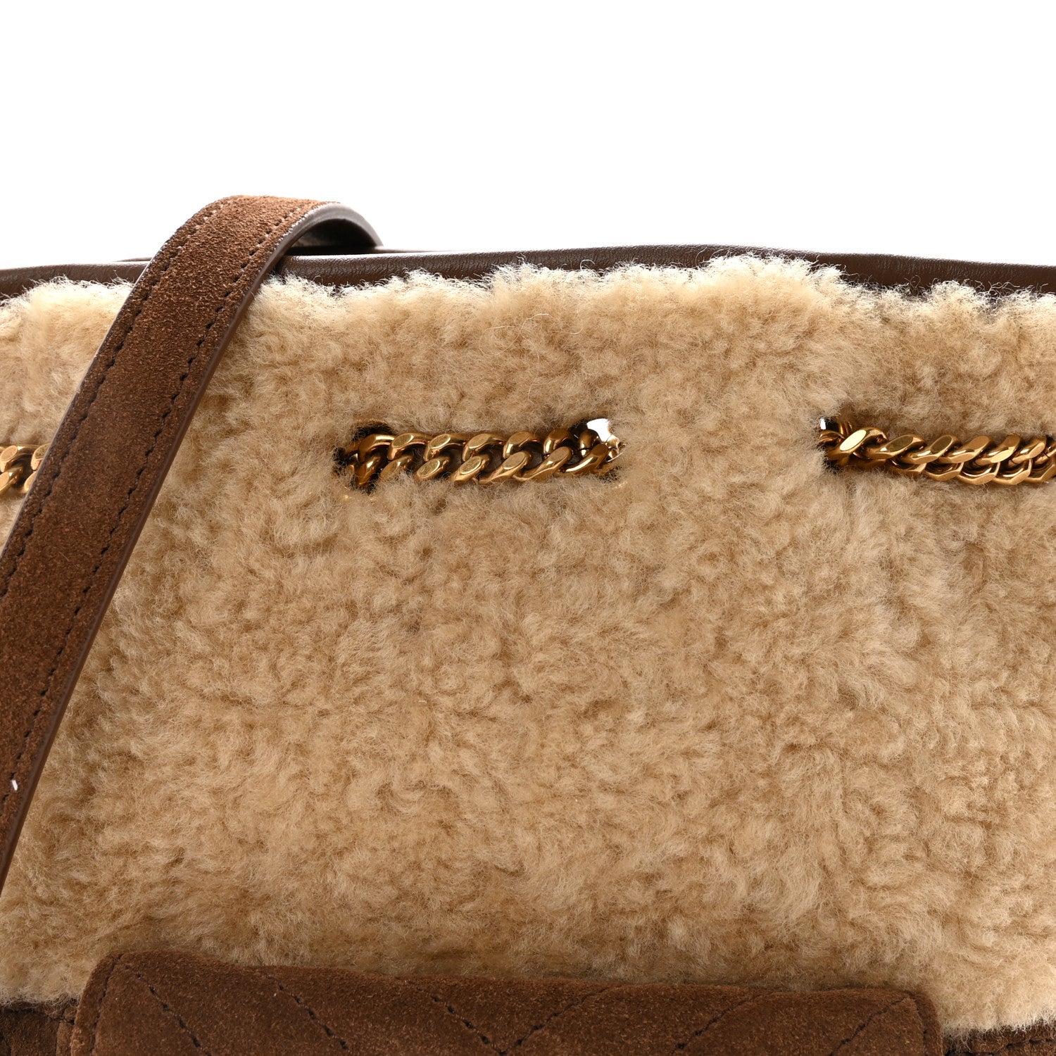 Saint Laurent Shearling Suede Monogram Joe Nano Bucket Bag Dark Cigar Natural Beige 7 of 9