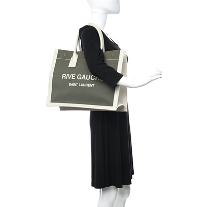 Saint Laurent Linen Calfskin Small Rive Gauche Tote Military Green Blanc Vintage 2 of 10