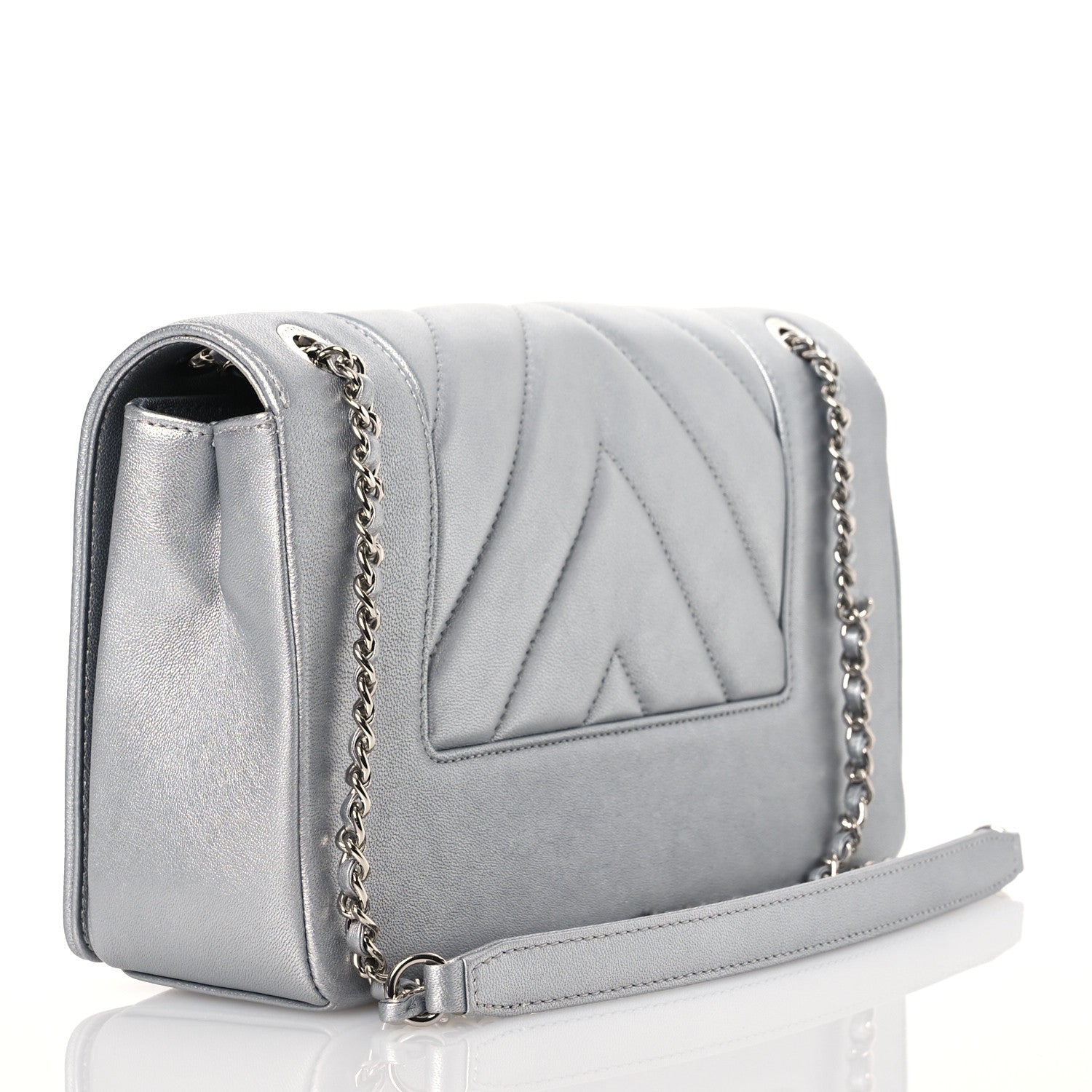 Chanel Metallic Sheepskin Chevron Quilted Medium Vintage Mademoiselle Flap Silver 3 of 17