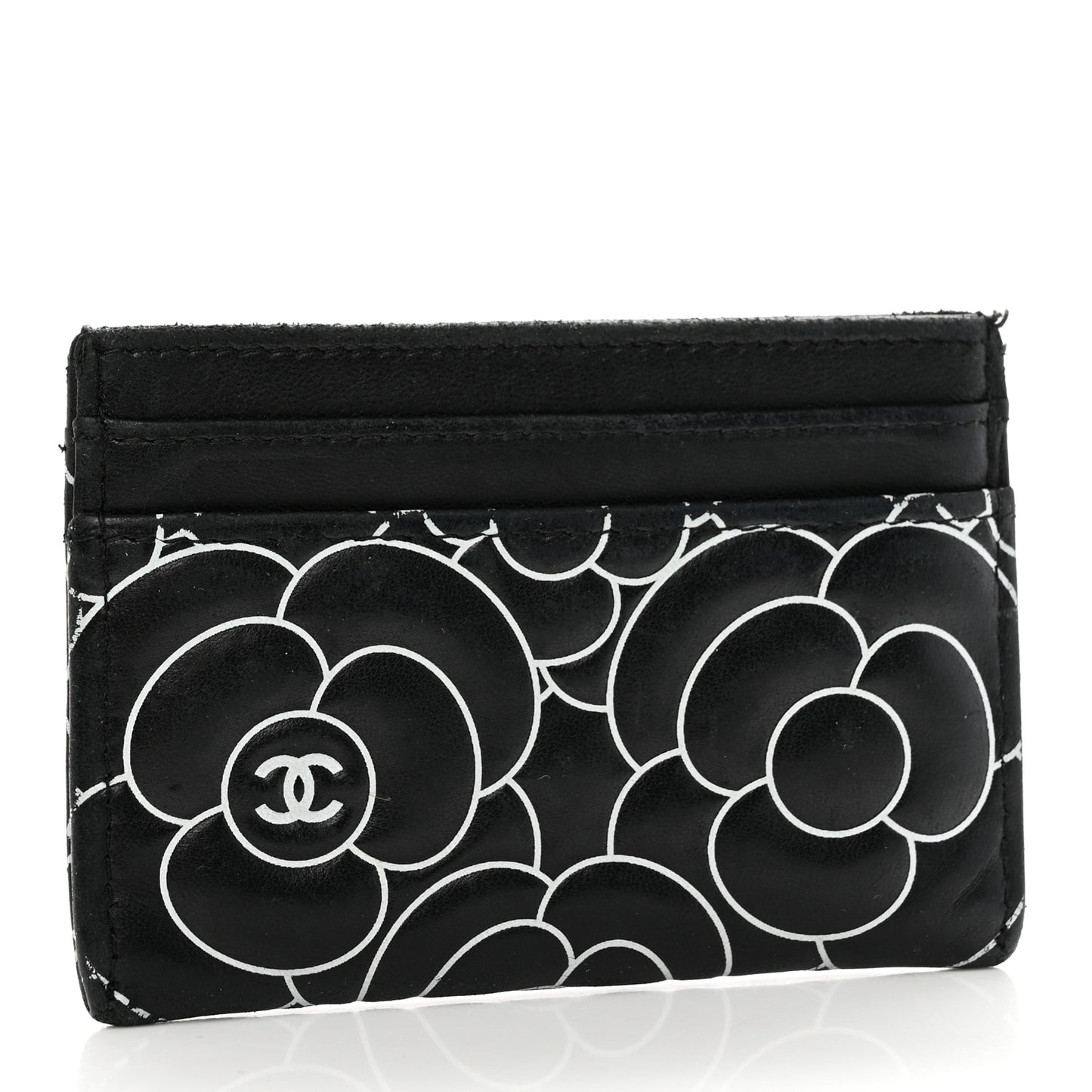 Lambskin Camellia Embossed Card Holder Black White