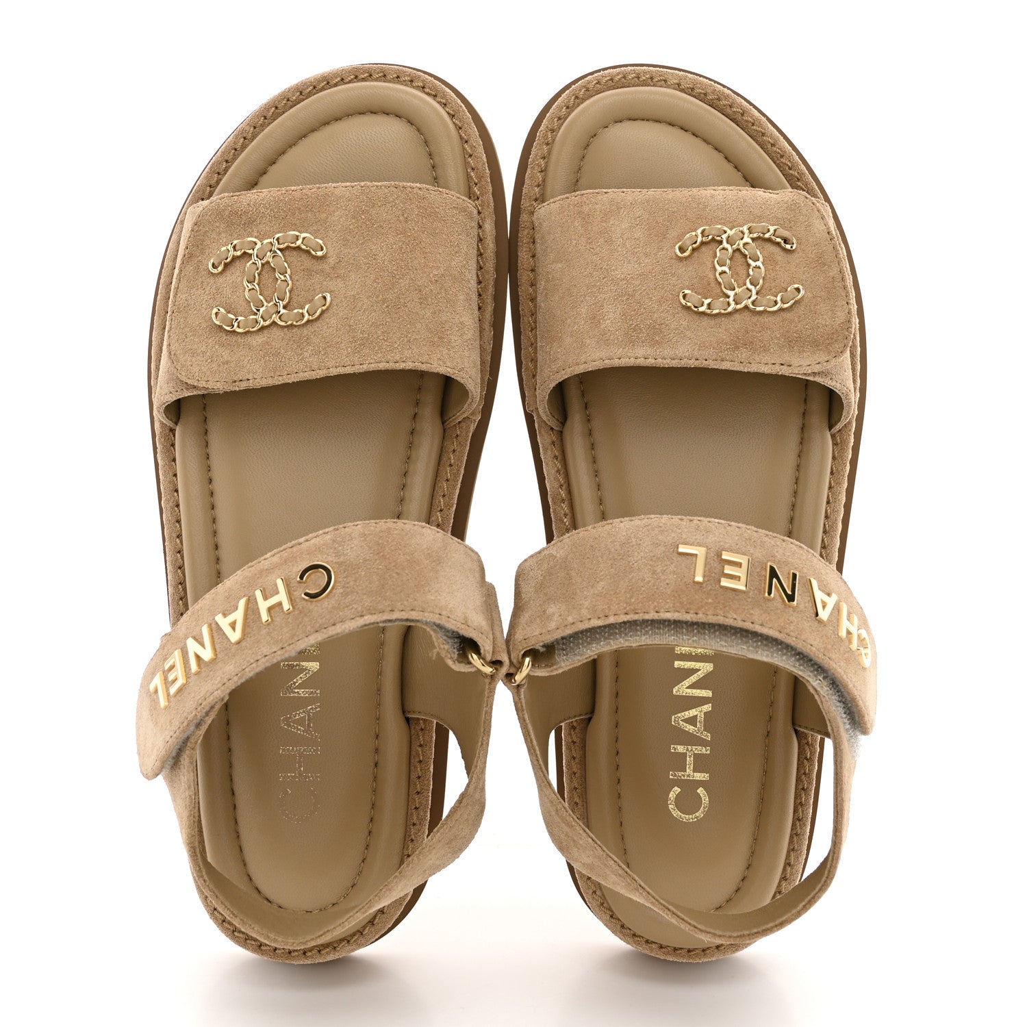 Chanel Suede Calfskin Velcro Dad Sandals 37.5 Beige 2 of 12