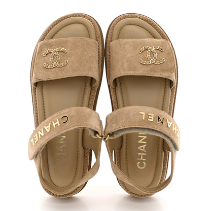 Chanel Suede Calfskin Velcro Dad Sandals 37.5 Beige 2 of 12