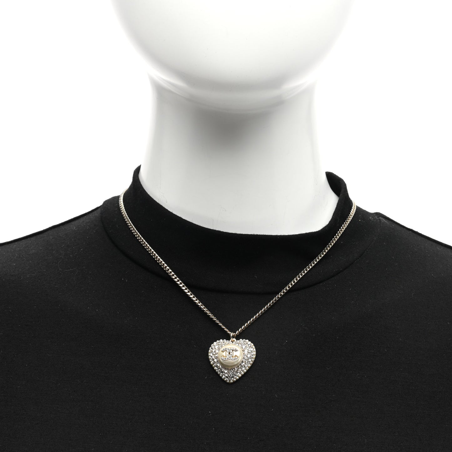 Pearl Crystal CC Heart Necklace Gold Pearly White