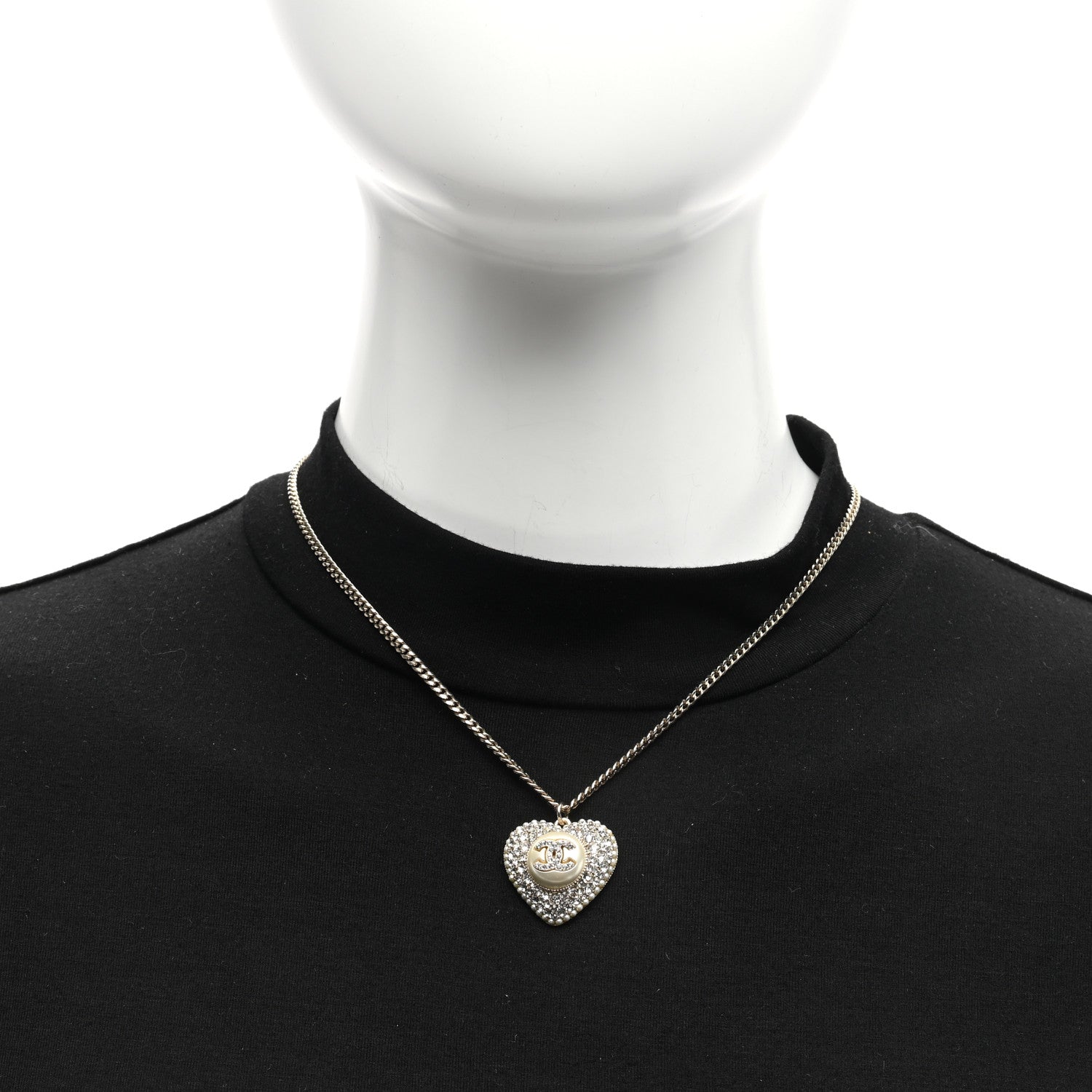 Chanel Pearl Crystal CC Heart Necklace Gold Pearly White 2 of 5