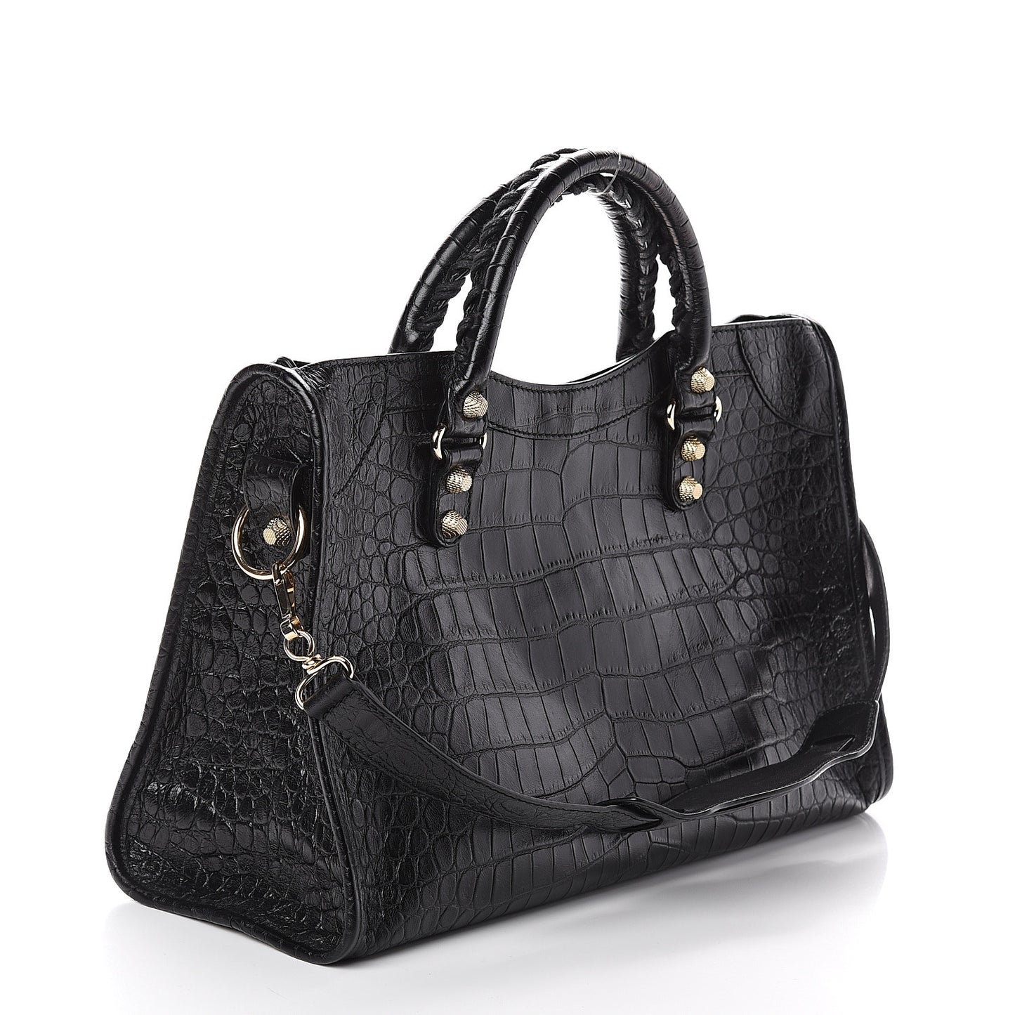 Calfskin Crocodile Embossed Giant 12 Gold Hardware City Black