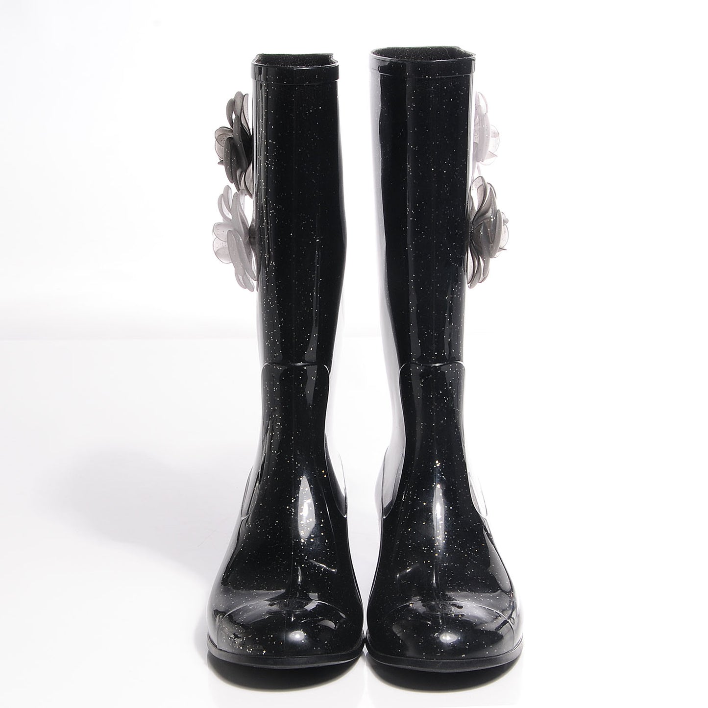 Rubber Glitter Camellia Rain Boots 37 Black