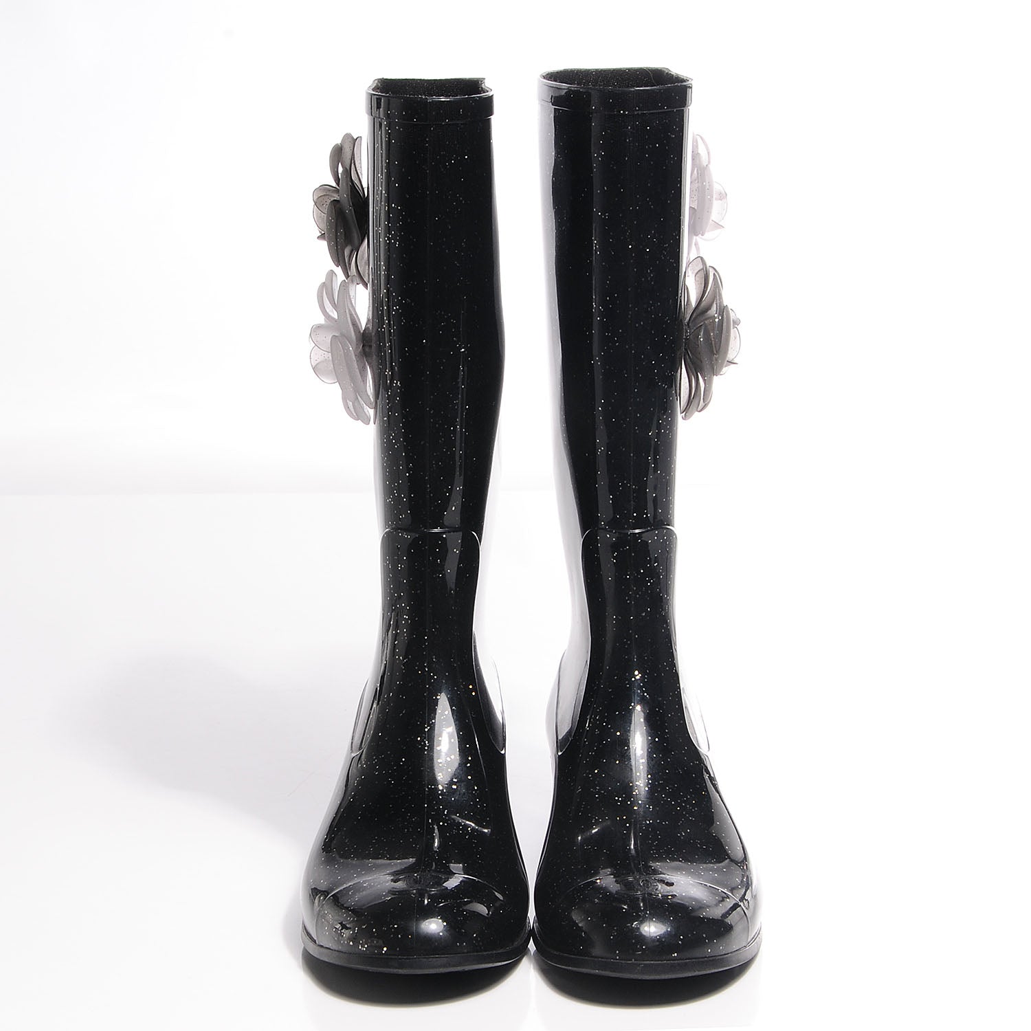 Chanel Rubber Glitter Camellia Rain Boots 37 Black 2 of 7