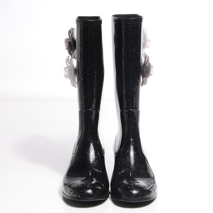 Chanel Rubber Glitter Camellia Rain Boots 37 Black 2 of 7