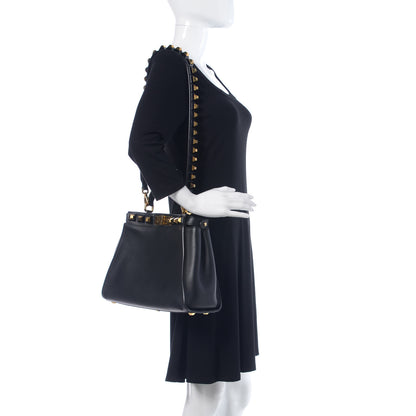 Fendi Vitello Seta Gold Studded Medium Peekaboo Iconic Satchel Black 2 of 11