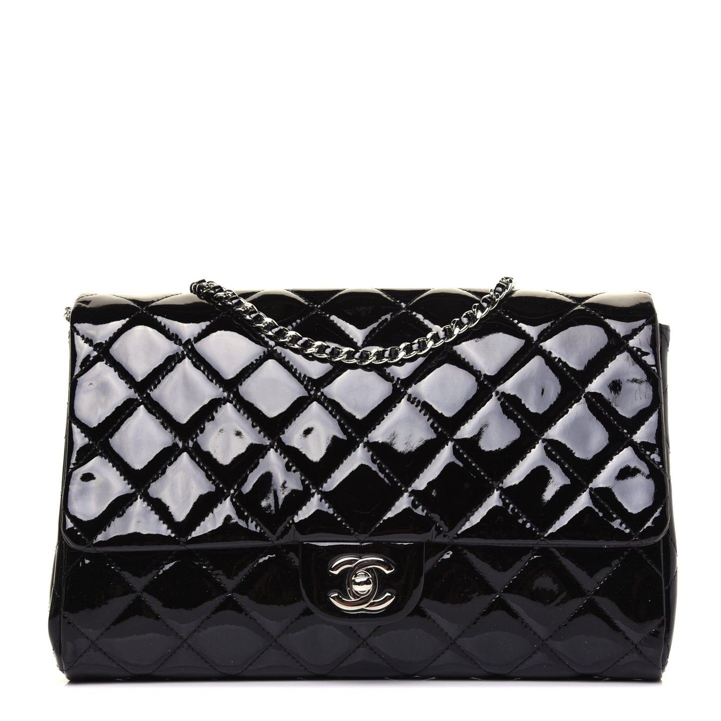 Patent Quilted Clutch with Chain Flap Black