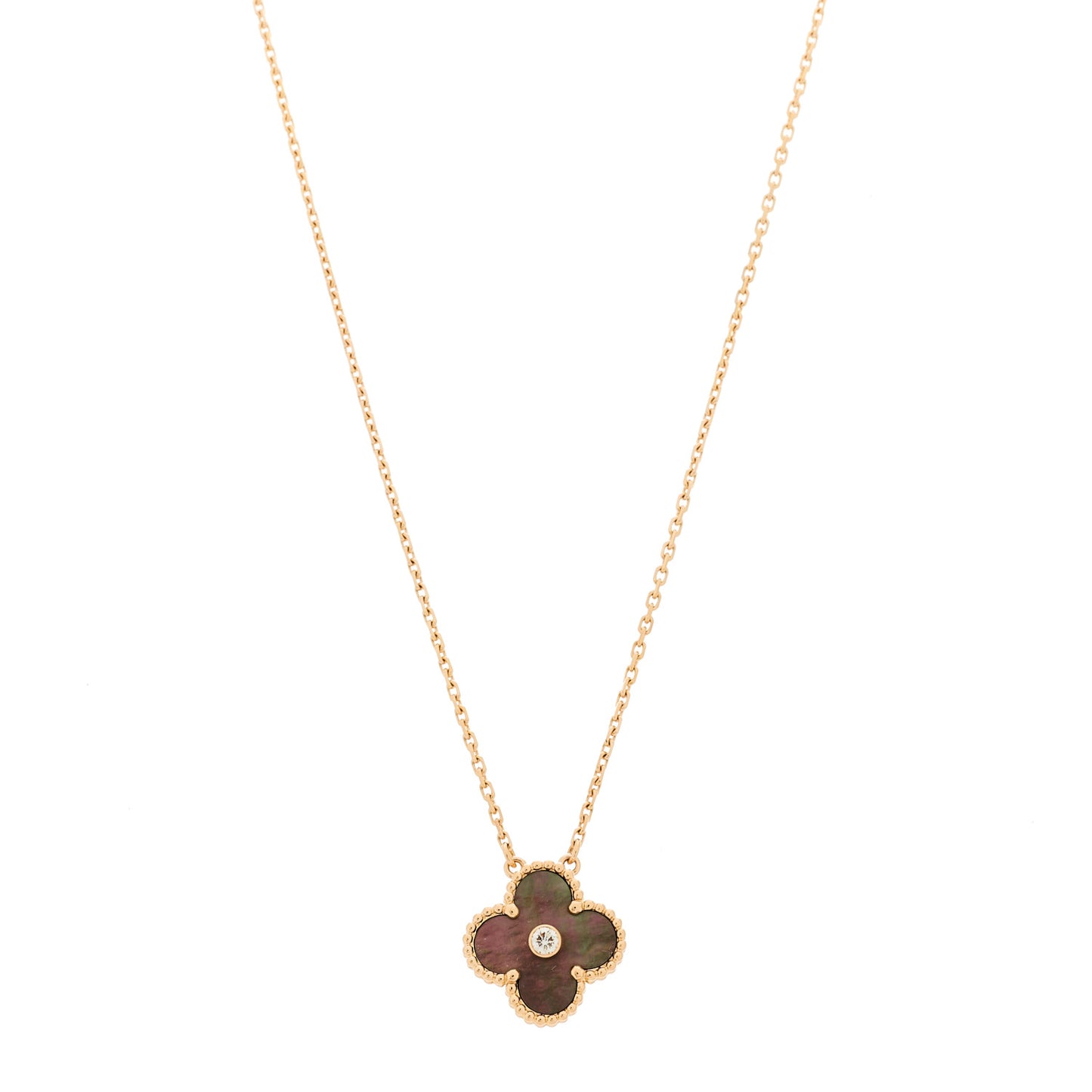 18K Rose Gold Diamond Grey Mother of Pearl Vintage Alhambra Pendant Necklace