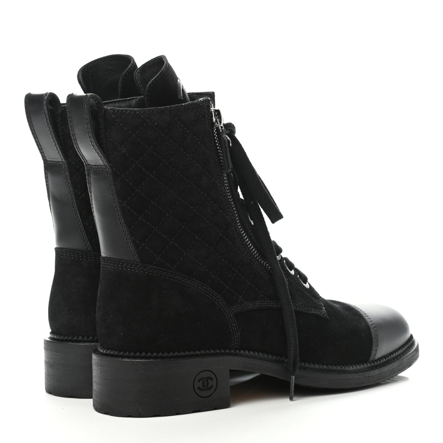 Suede Quilted CC Lace Up Combat Boots 39 Black