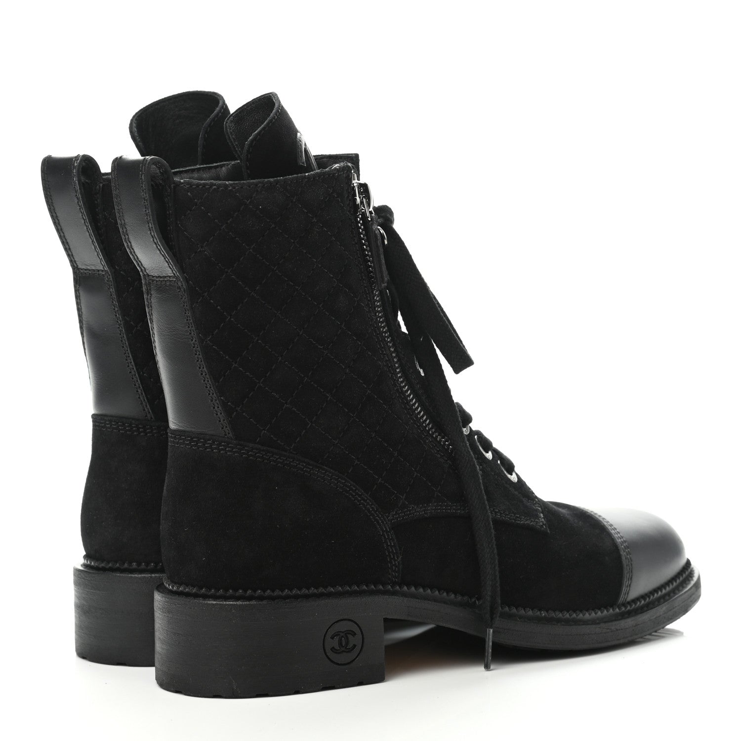 Chanel Suede Quilted CC Lace Up Combat Boots 39 Black 3 of 4