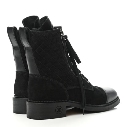 Chanel Suede Quilted CC Lace Up Combat Boots 39 Black 3 of 4