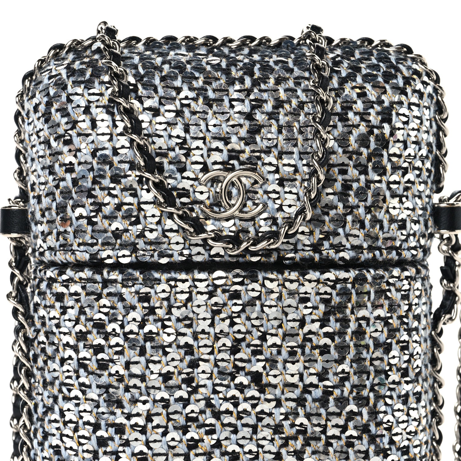 Chanel Tweed Sequin Chain Around Phone Holder Silver Black 8 of 10