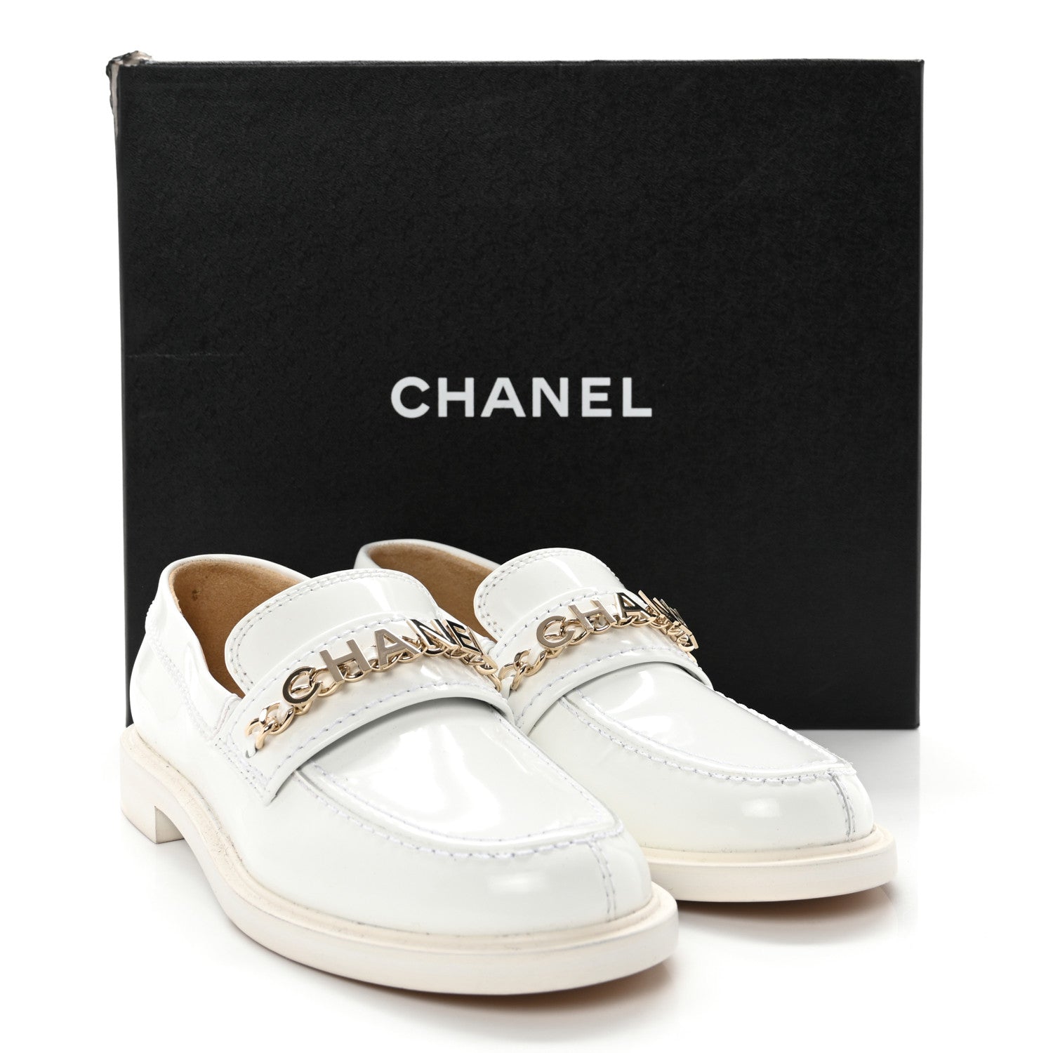 Chanel Shiny Calfskin Logo Loafers 35.5 White 11 of 11
