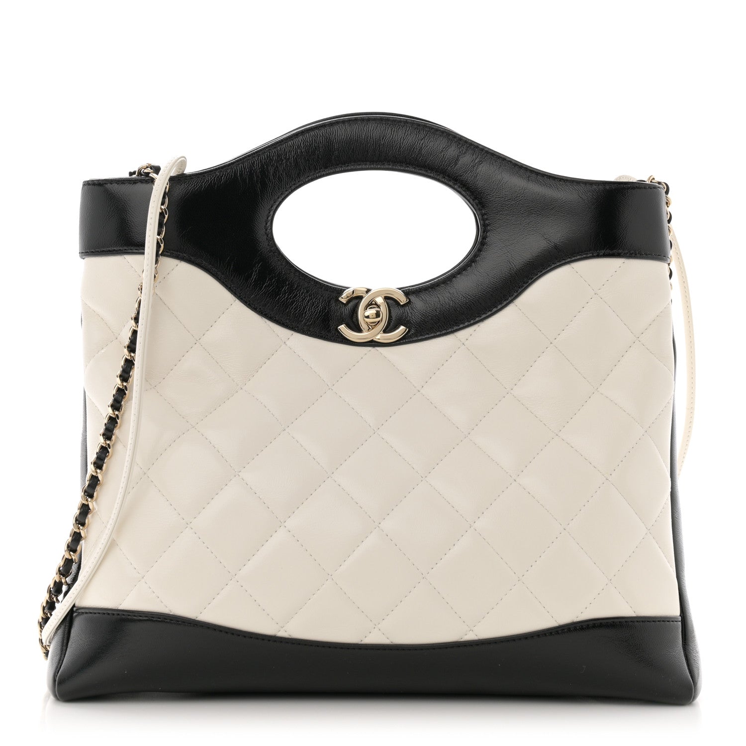 Chanel Shiny Crumpled Calfskin Quilted Small 31 Shopping Bag White Black 1 of 11