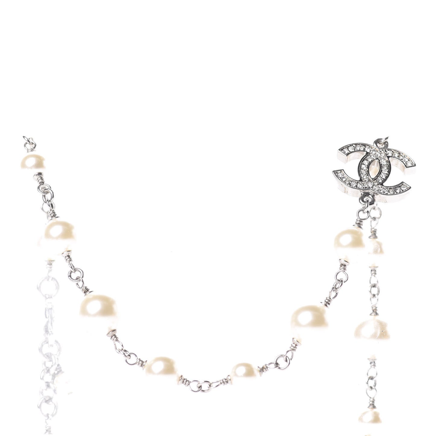 Crystal Pearl CC Long Necklace Silver