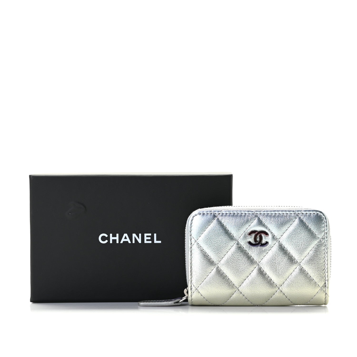 Chanel Gradient Metallic Calfskin Quilted Zip Around Coin Purse Wallet Silver Blue Yellow Purple 8 of 8