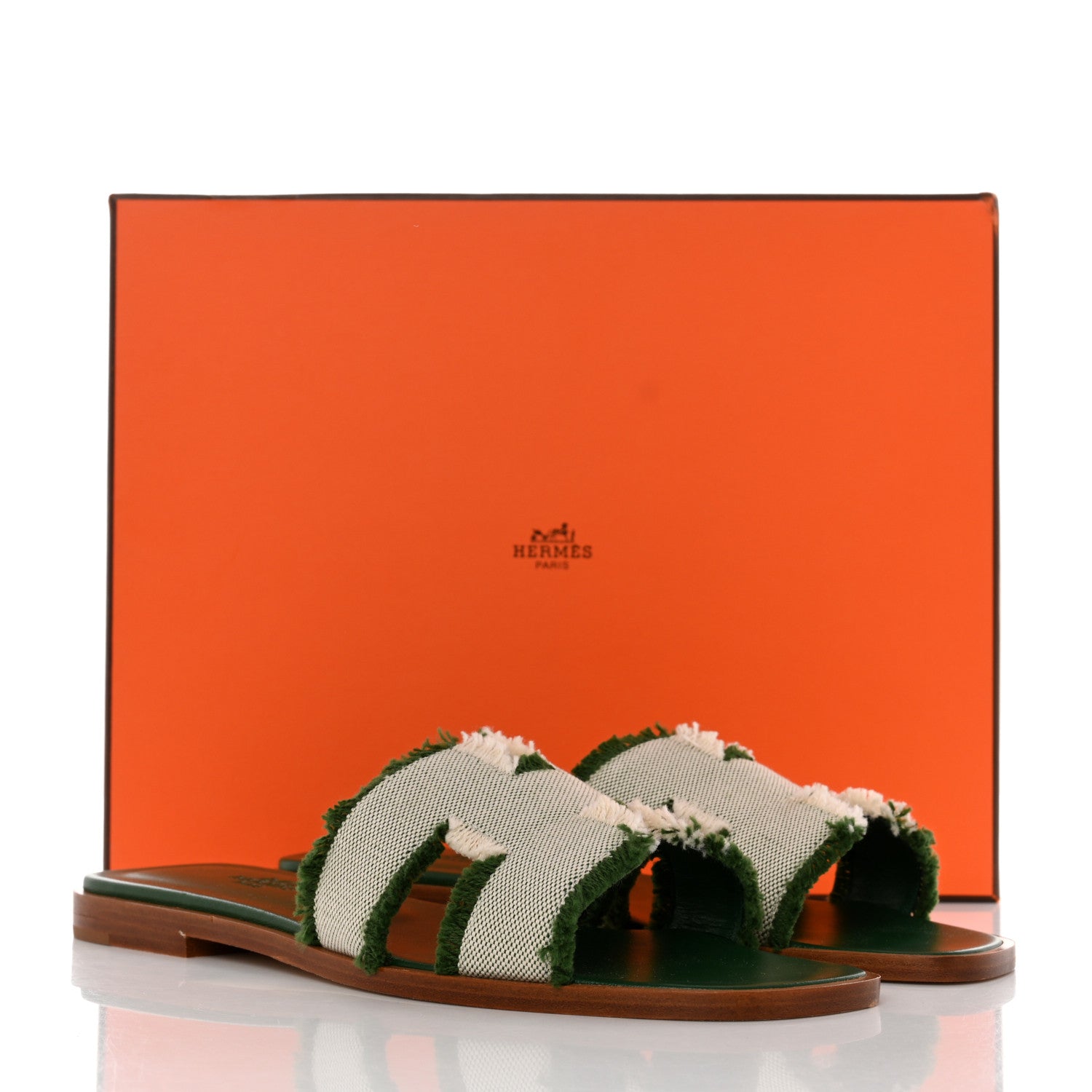Hermes Calfskin Canvas Oran Fringe Sandals 37 Vert 9 of 9