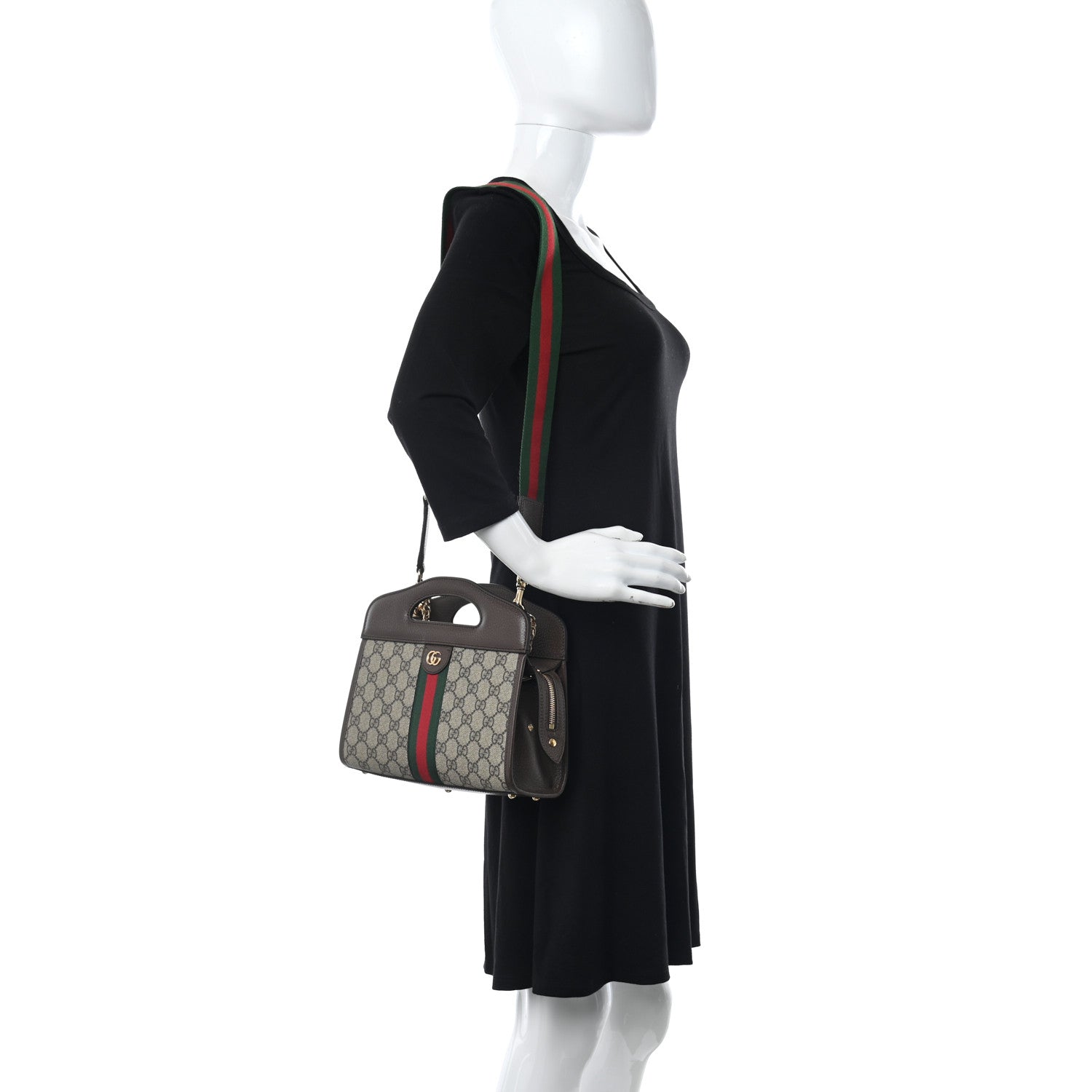 Gucci GG Supreme Monogram Textured Dollar Calfskin Web Small Ophidia Slip Handle Tote Beige Ebony New Acero 2 of 10