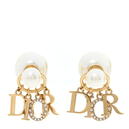 Christian Dior Pearl Crystal Tribal Logo Charms Earrings Gold 1 of 4