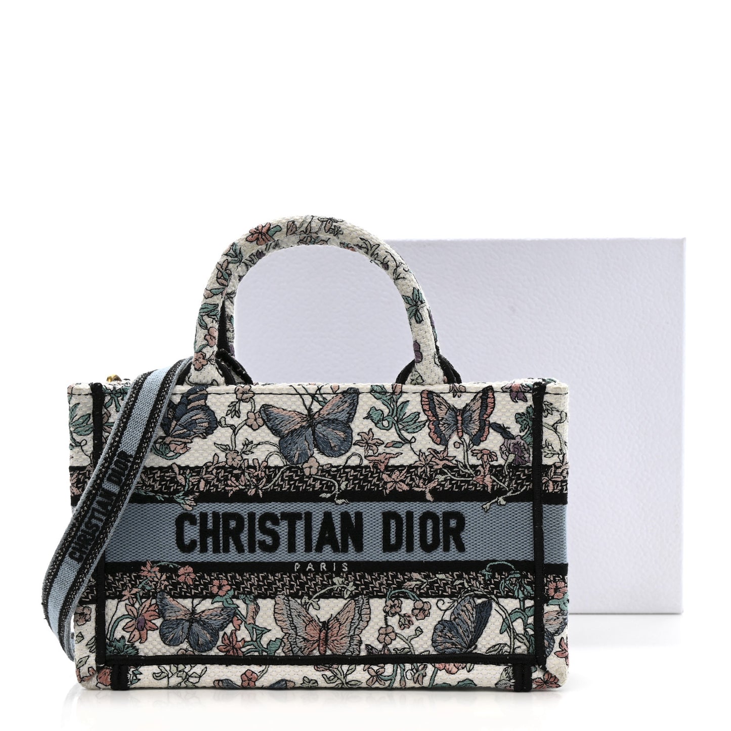 Canvas Embroidered Butterfly Mini Book Tote With Strap White Multicolor