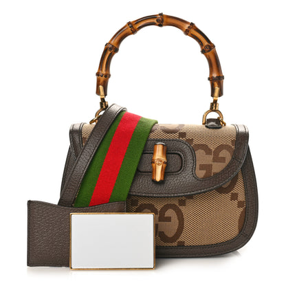 Gucci Monogram Jumbo GG Textured Dollar Calfskin Web Small Bamboo 1947 Top Handle Bag Camel Ebony New Acero 1 of 9