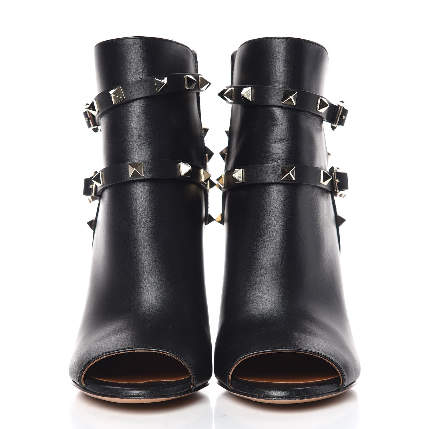 Valentino Garavani Calfskin Rockstud Peep Toe Double Buckle 100mm Ankle Boots 37 Black 2 of 13