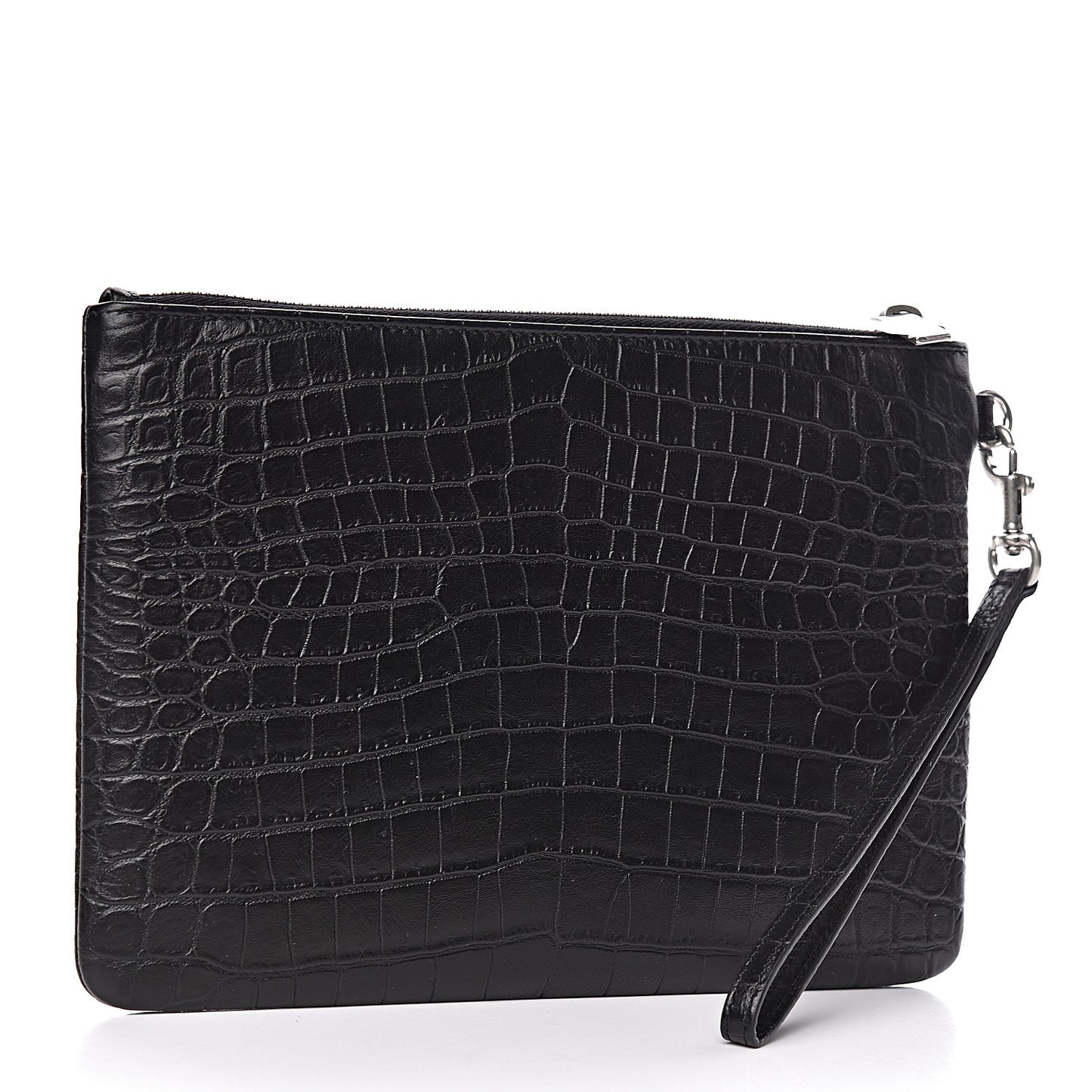 Calfskin Crocodile Embossed Monogram Zip Pouch Black