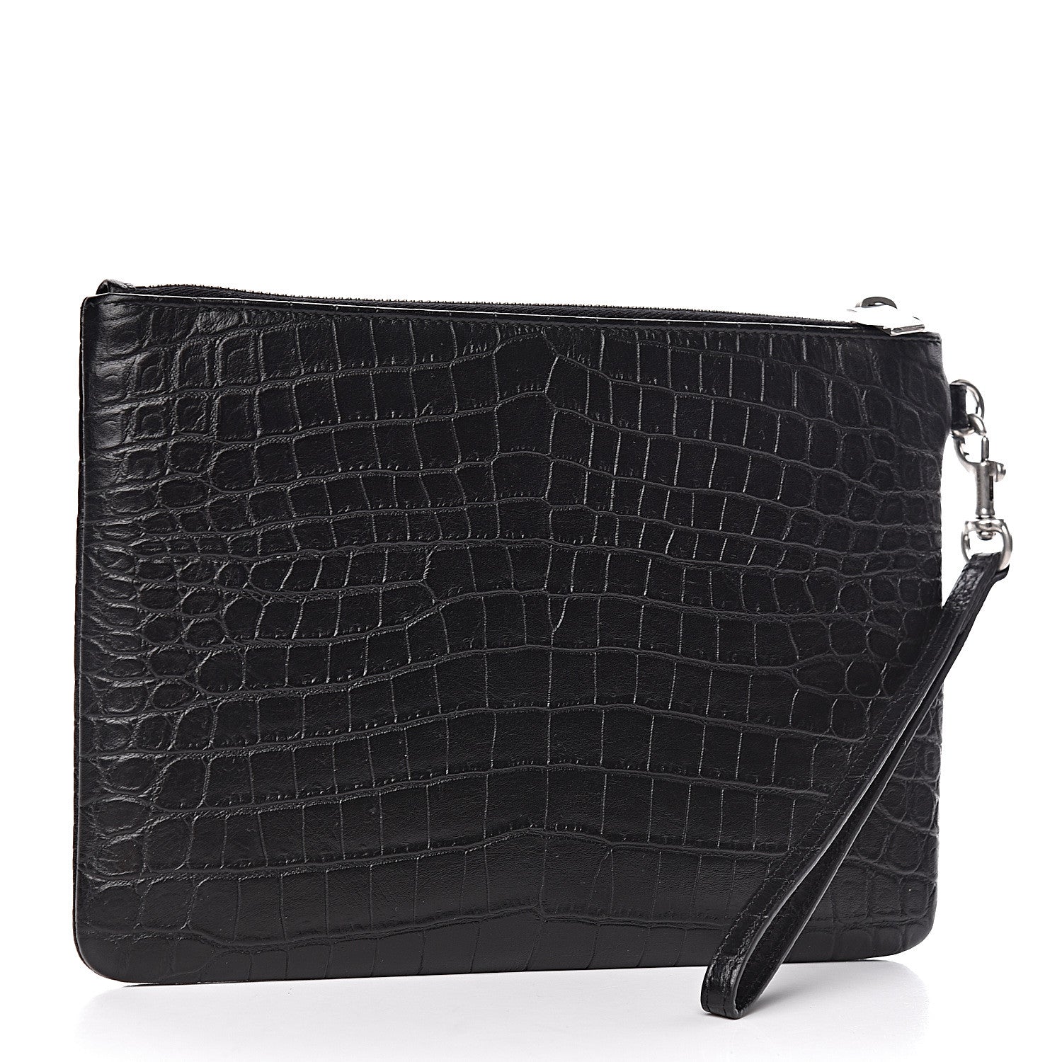 Saint Laurent Calfskin Crocodile Embossed Monogram Zip Pouch Black 3 of 7