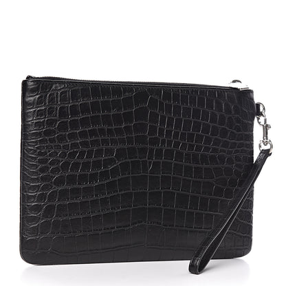 Saint Laurent Calfskin Crocodile Embossed Monogram Zip Pouch Black 3 of 7