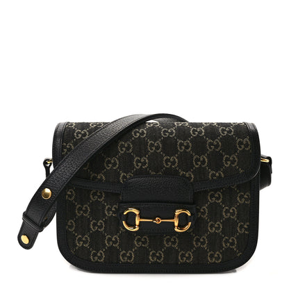 Gucci Jacquard Black Denim GG Monogram Textured Dollar Calfskin Horsebit 1955 Shoulder Bag Black Ivory 1 of 13