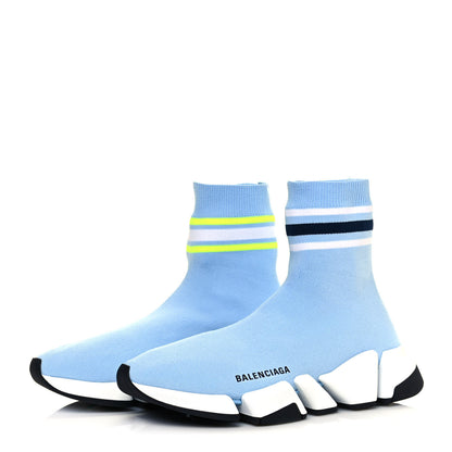 Balenciaga Technical 3D Recycled Knit Striped Womens Speed 2.0 Sneakers 39 Airy Blue Navy Fluorescent Yellow 3 of 7