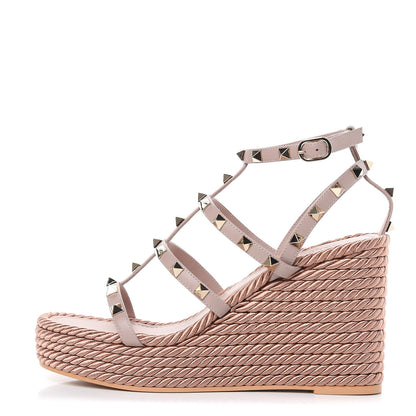 Valentino Garavani Calfskin Rockstud Ankle Strap Torchon Espadrille Caged 25/95mm Wedge Sandals 38 Poudre 1 of 10