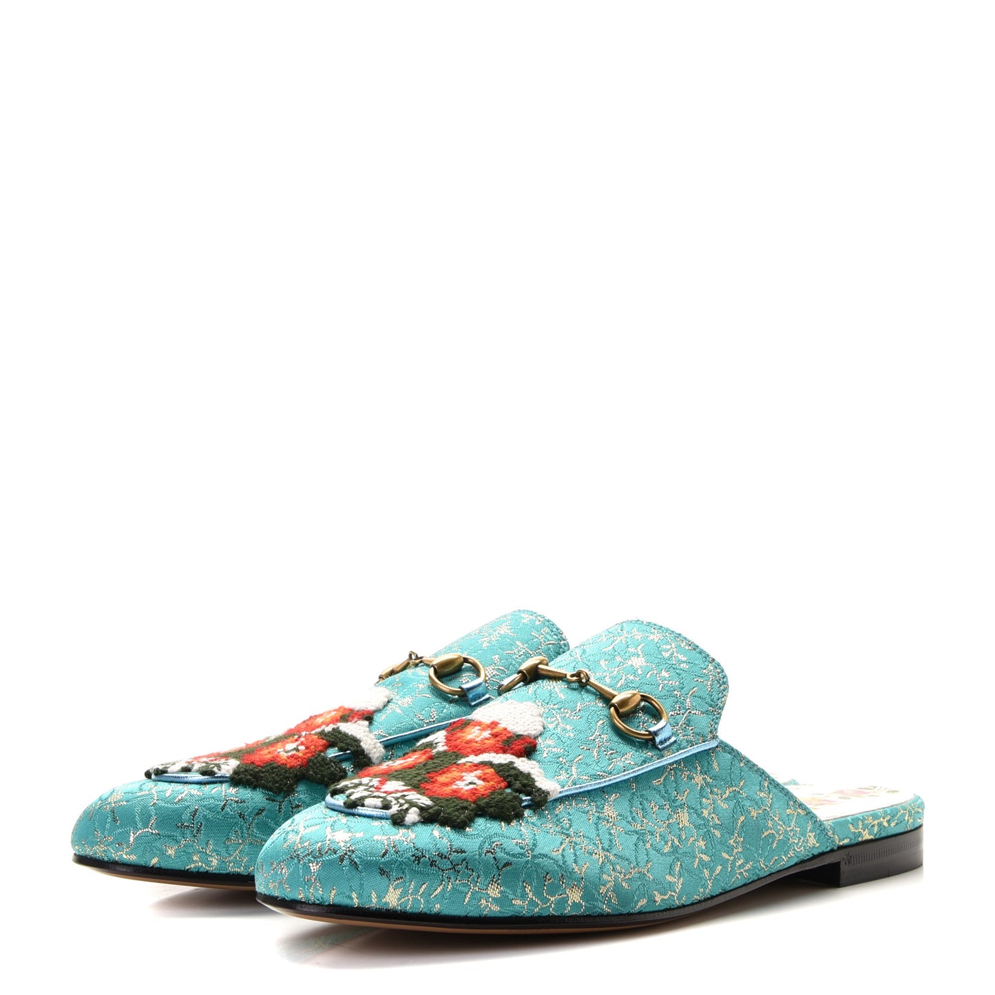 Lurex Jacquard Nappa Floral Embroidered Womens Princetown Slippers 41 Light Blue Gold Cielo