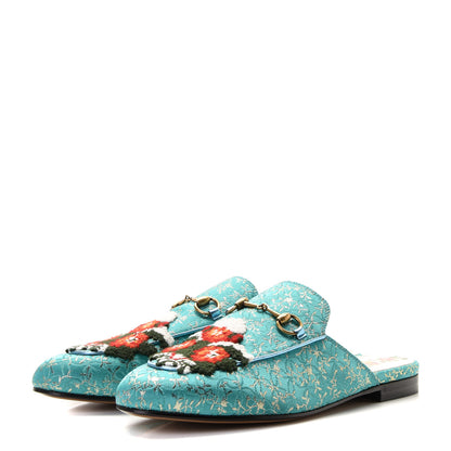 Gucci Lurex Jacquard Nappa Floral Embroidered Womens Princetown Slippers 41 Light Blue Gold Cielo 2 of 8