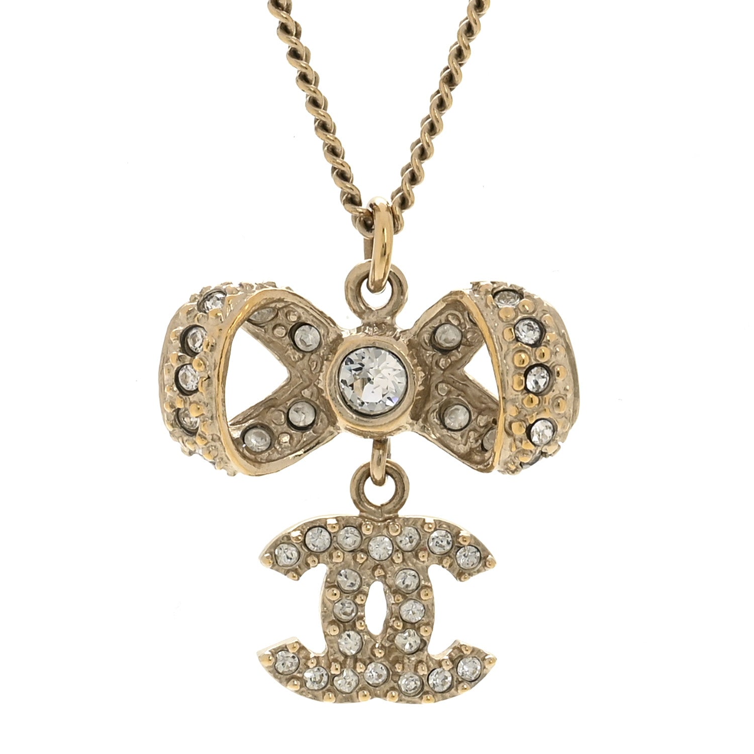 Chanel Metal Crystal CC Bow Drop Necklace Gold 4 of 5