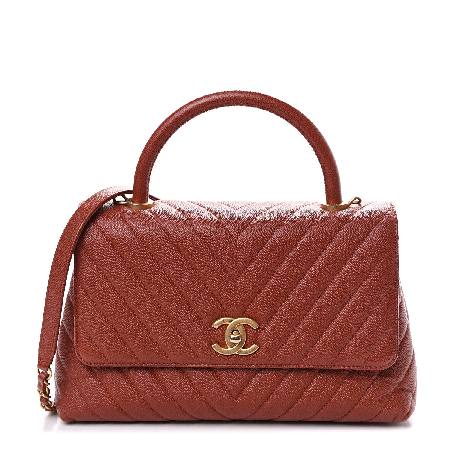 Chanel Caviar Chevron Quilted Small Coco Handle Flap Dark Orange 1 of 11