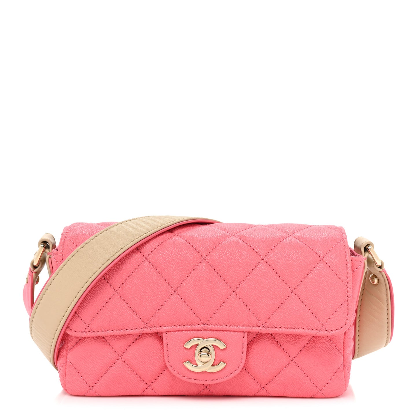 Iridescent Caviar Quilted Mini Flap With Thick Strap Pink Beige
