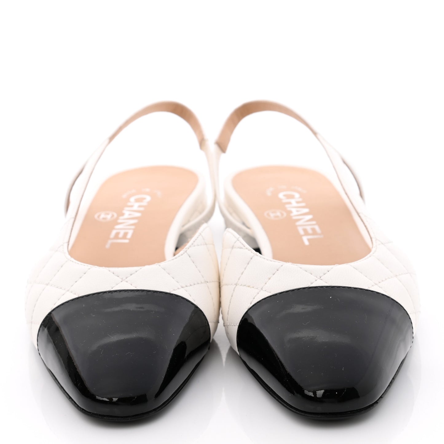 Lambskin Patent Quilted Cap Toe CC Slingback Flats 36 White Black